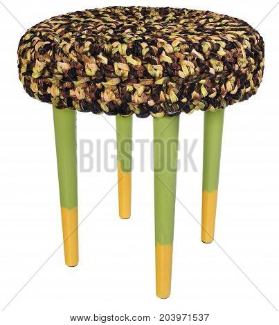 Handmade Stool Yellow And Green. Round Seat With Brownish Yellow Green String Material.