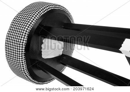 Handmade Stool Black And White Pattern. Round Seat With Black And White, Grid Pattern, String Materi