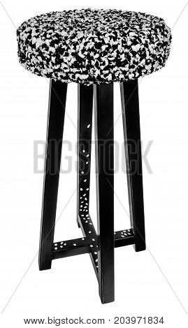 Handmade Stool Black With White Dots. Round Seat With Black And White String Material.