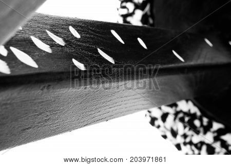 Handmade Stool Black With White Dots. Round Seat With Black And White String Material.