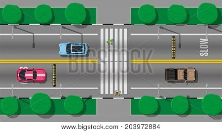 Pedestrian crossing with speed bump. Vehicles on road. Cars waiting for people to cross the street. Traffic regulations. Rules of the road. Highway top view. Vector illustration in flat style
