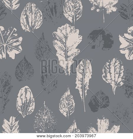 Seamless pattern with stamp leaves. Endless texture for nature design. Hi detailed. Vector illustration. Recomended for interior design
