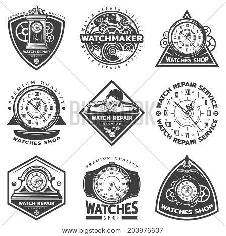 Vintage watches repair service labels set with repairman mechanisms and clocks in monochrome style isolated vector illustration