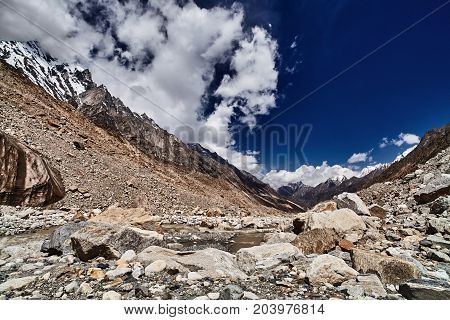 Mountain creek in Himalaya mountains. Gaumukh glacier Gangotri Uttarakhand India.