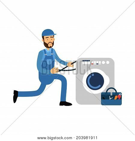 Proffesional plumber character installing w, plumbing service vector Illustration on a white backgroundashing machine