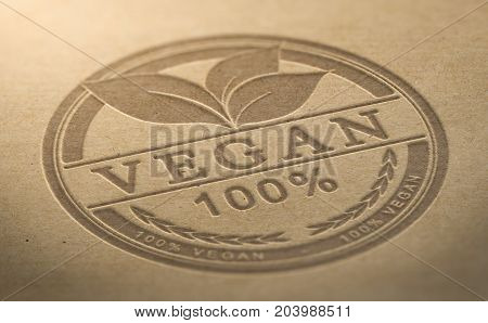 Vegan certified food stamp debossed over brown natural background, 3D illustration