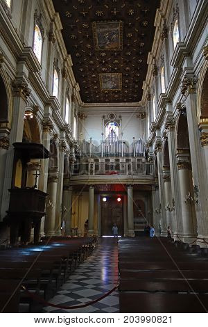 LECCE ITALY - JULY 27 2017: baroque interior of the Duomo dell Assunta ancient Cathedral in the Historical Town center