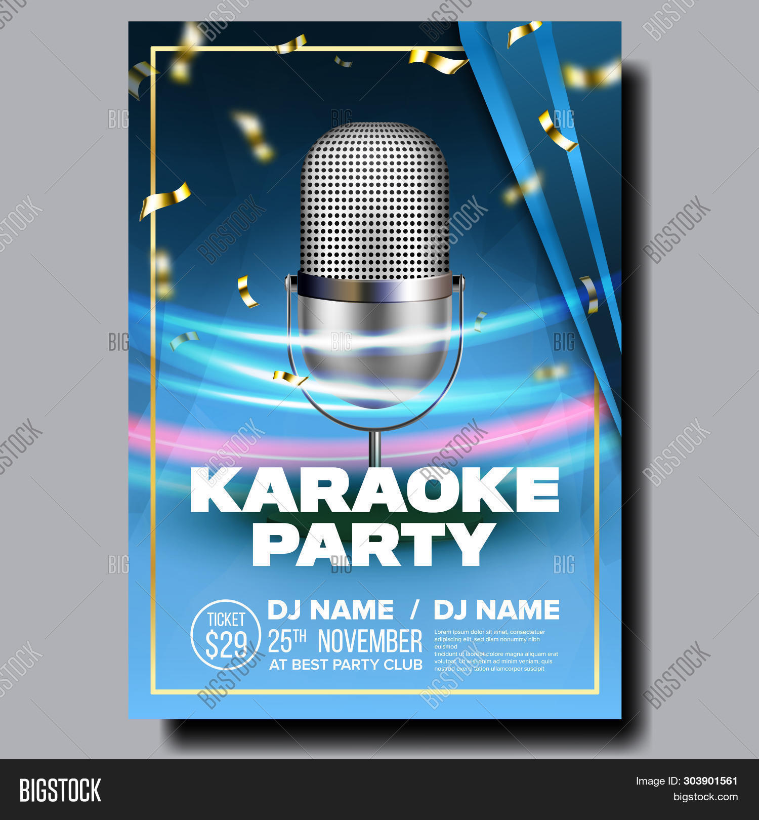 Karaoke Poster Vector. Club Background. Mic Design. Karaoke Disco