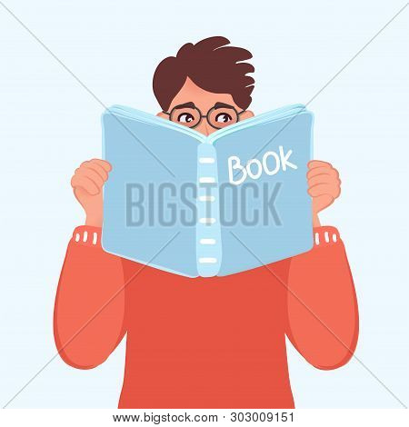 A Young Man In A Sweater And Glasses Reading A Book. Vector Illustration Of Reading People
