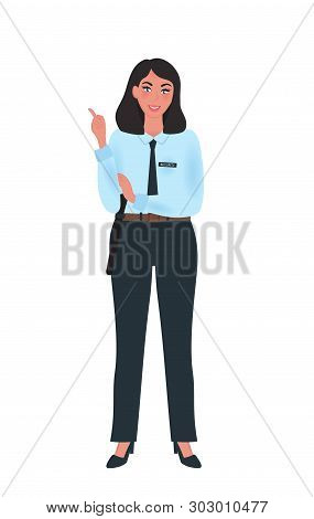 The Guard Girl Of Asian Appearance In The Uniform Of A Policeman Pointing His Finger Up. Vector Illu