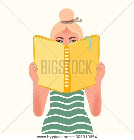 Blonde Girl Reading A Book. Vector Illustration Of People Reading