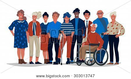 Diverse Society People. Group Of Different Multiracial And Multicultural People Standing Together. V
