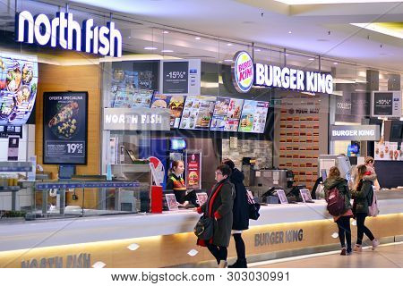 Warsaw, Poland. 13 March 2019. Restaurant Zone In The Arkadia Shopping Center. Arkadia Offers A Wide