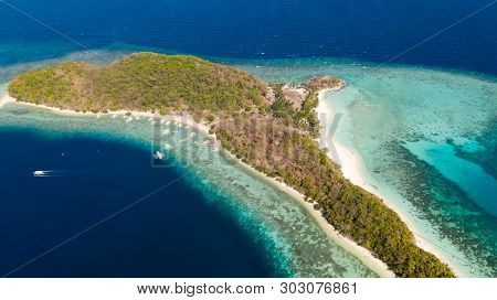 Aerial View Tropical Island With Sand White Beach, Palm Trees. Malcapuya, Philippines, Palawan. Trop