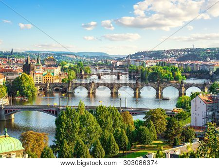 Row Of Bridges In Prague At Summer Day