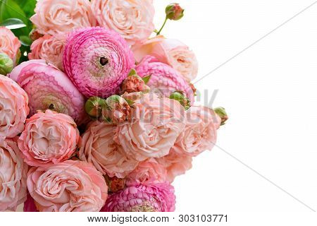 Rose And Rununculus Flowers Border Isolated On White Background