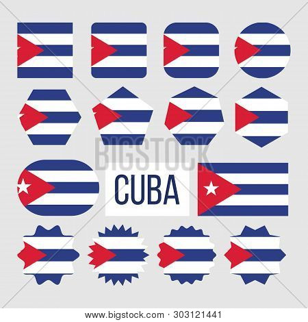 Cuba National Flag Collection Figure Set Vector. Five Horizontal Blue And White Stripes With Red Equ
