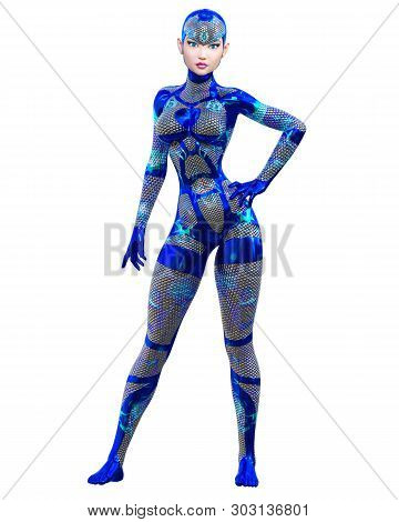 Cyborg Droid Robot Woman Futuristic Metallic Neon Suit.squama Armor.extravagant Fashion Art.girl Sta