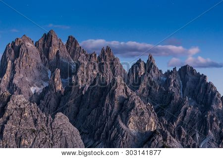 Dolomites Mountain Landscape View From Tre Cimes Lavaredo Loop Trail At Night, South Tyrol, Italy