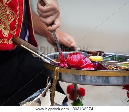 Macun - Soft, Sweet And Colorful Turkish Toffee Paste In Traditional Container. Street Food In Istan