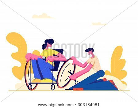 Young Disabled Woman Sitting In Wheelchair, Man Repair Wheel. Love, Family, Human Relations, Disabil