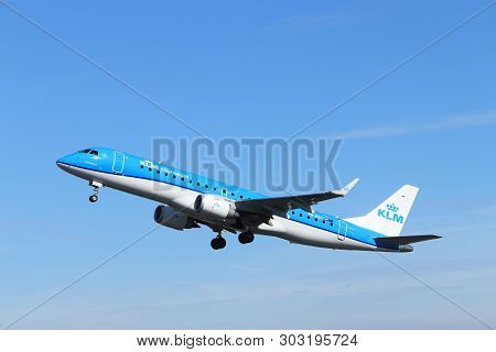 Amsterdam The Netherlands - May 24th, 2019:ph-exy Klm Cityhopper Embraer Erj-190 Takeoff From Polder