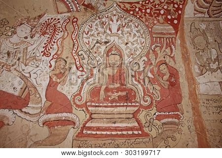 Monywa, Myanmar - February 14, 2019: Painting On The Walls In Pho Win Taung Caves, Monywa City, Saga