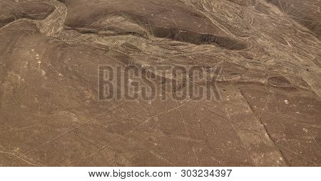 Aerial Airplane Panoramic View To Nazca Plateau With Geoglyph Lines , Ica Region, Peru