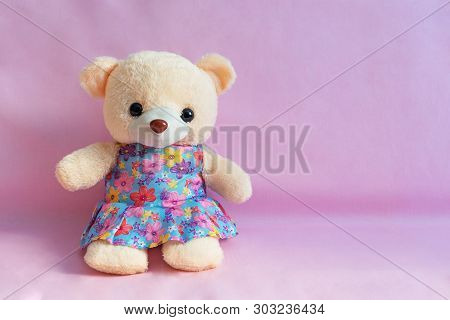 Little Bear In A Dress, Toy, Sits On A Pink Background.