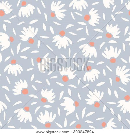 Pastel Colored Loosely Hand Drawn Feminine Elegant White Cone Flowers Vector Seamless Pattern. Subdu