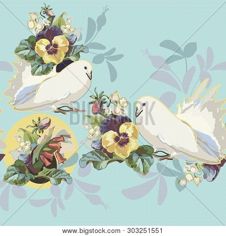 Blue Vector Repeat Border With Vintage Flower Bouquet, Lilly Of The Valley, Yellow Pansy And White D