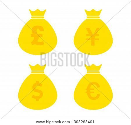 Set Of Money Bags Icon Isolated On White Background With Shadows Dollar Euro Pound Uang Signs. Cash 