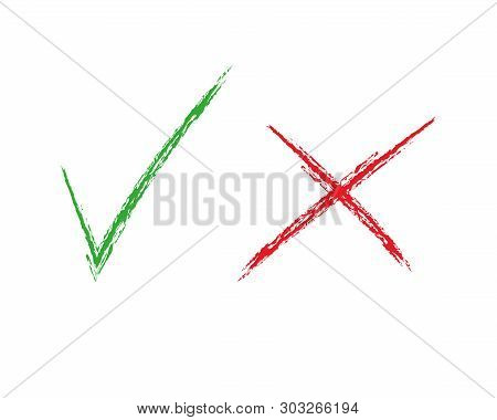 Set Of Green Check Mark And Red Cross Isolated Symbols On White Background. Signs Of Choise.
