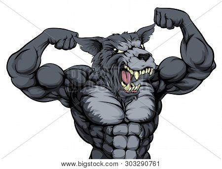Wolf Animal Mascot Showing Off His Biceps And Ready For A Fight