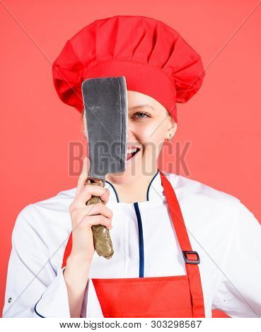 Dangerous Lady. Best Knives To Buy. Stainless Steel. Be Careful While Cut. Woman Chef Hold Sharp Kni
