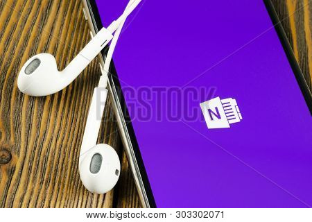 Helsinki, Finland, May 4, 2019: Microsoft Onenote Office Application Icon On Apple Iphone X Screen C