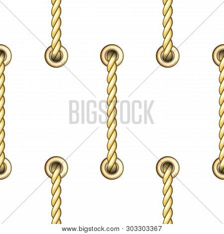 Golden Vertical Straped Ropes With Metal Eyelets Seamless Pattern.