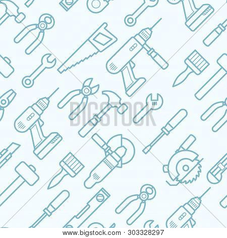 Work Tools Seamless Pattern With Thin Line Icons - Pattern With Puncher, Drill, Wrench, Plane, Saw, 