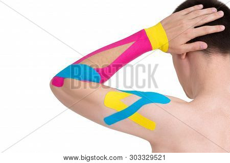 Kinesiology Taping On Human Hand, Isolated On White Studio Background