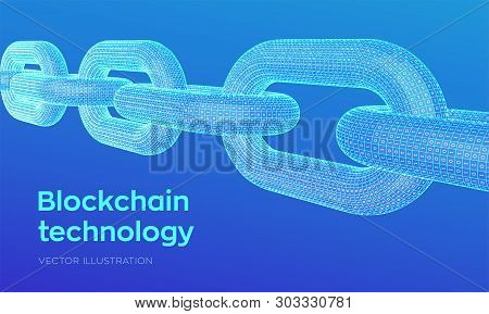 Block Chain. Crypto Currency. Hyperlink Chain. Blockchain Concept. 3d Wireframe Chain With Digital C