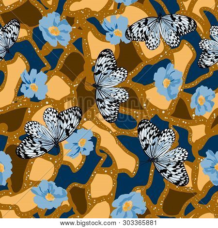 Pattern With Flowers And Butterflies. Seamless Decorative Background. Vector Illustration.