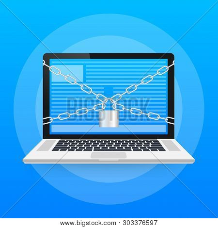 Flat Illustration Of Security Center. Lock With Chain Around Laptop. Vector Stock Illustration.