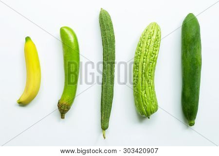 Banana, Green Long Eggplant, Luffa Acutangula, Bitter Melon,  Green Papaya On White Background.