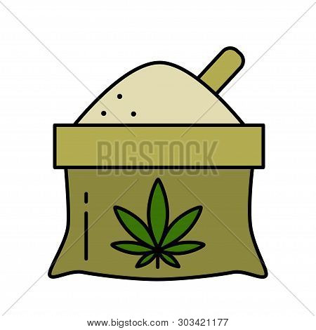 A Bag Of Hemp Flour With A Leaf Of Marijuana. Isolated Vector Illustration On White Background.