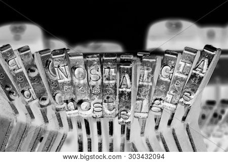 the word   NOSTALGIA  with old typwriter keys  monochrome