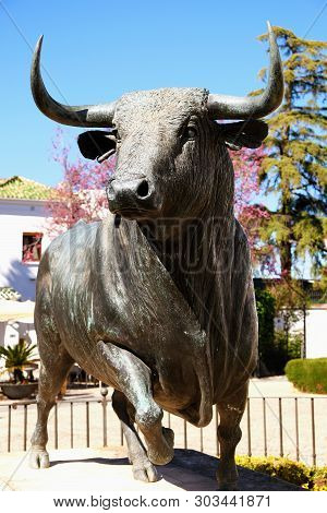 Ronda, Andalucia, Spain - March 16, 2019 : Bronze Statue Of A Fighting Bull Situated Outside The His