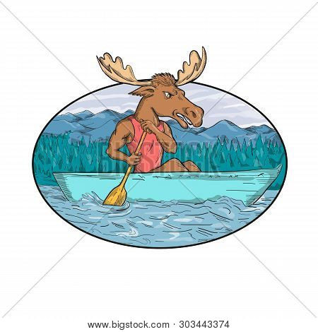 Cartoon Style Hand-drawn Drawing Illustration Of A Moose With Paddle Paddling A Canadian Canoe In Ri