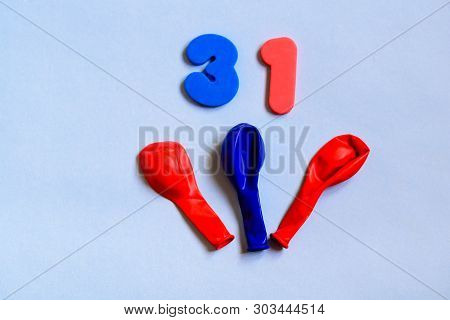 31 Celebrating Red Blue Number With Cute Colorful Balloons. Thirty One Modern Alphabet Digits On Blu