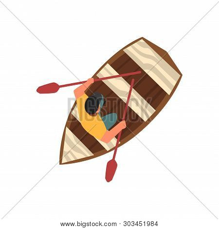 Man In Cap Sitting In Wooden Boat, Top View Vector Illustration