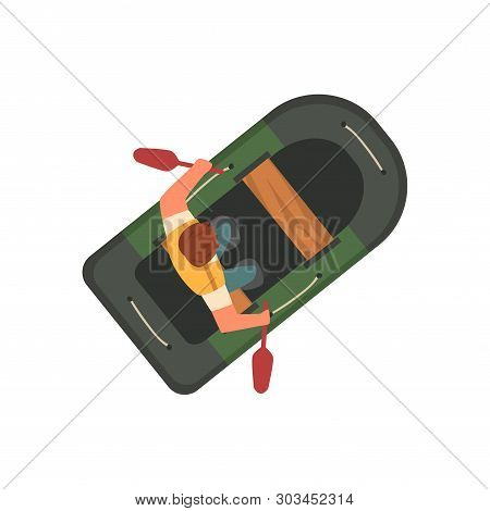 Man Rowing Rubber Inflatable Boat, Top View Vector Illustration